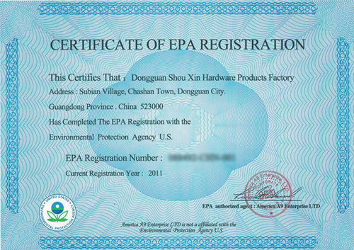 Certificate Of EPA Registration